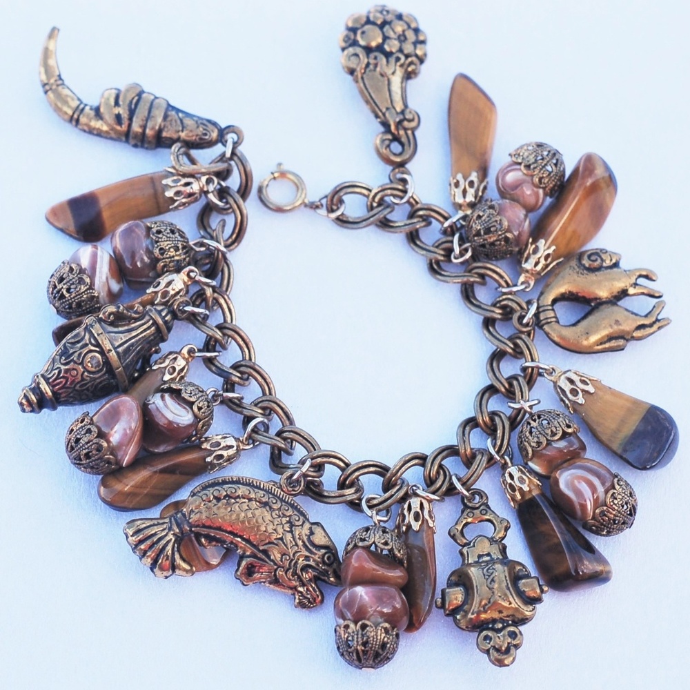Vintage Chunky Brass Stone Charm Bracelet